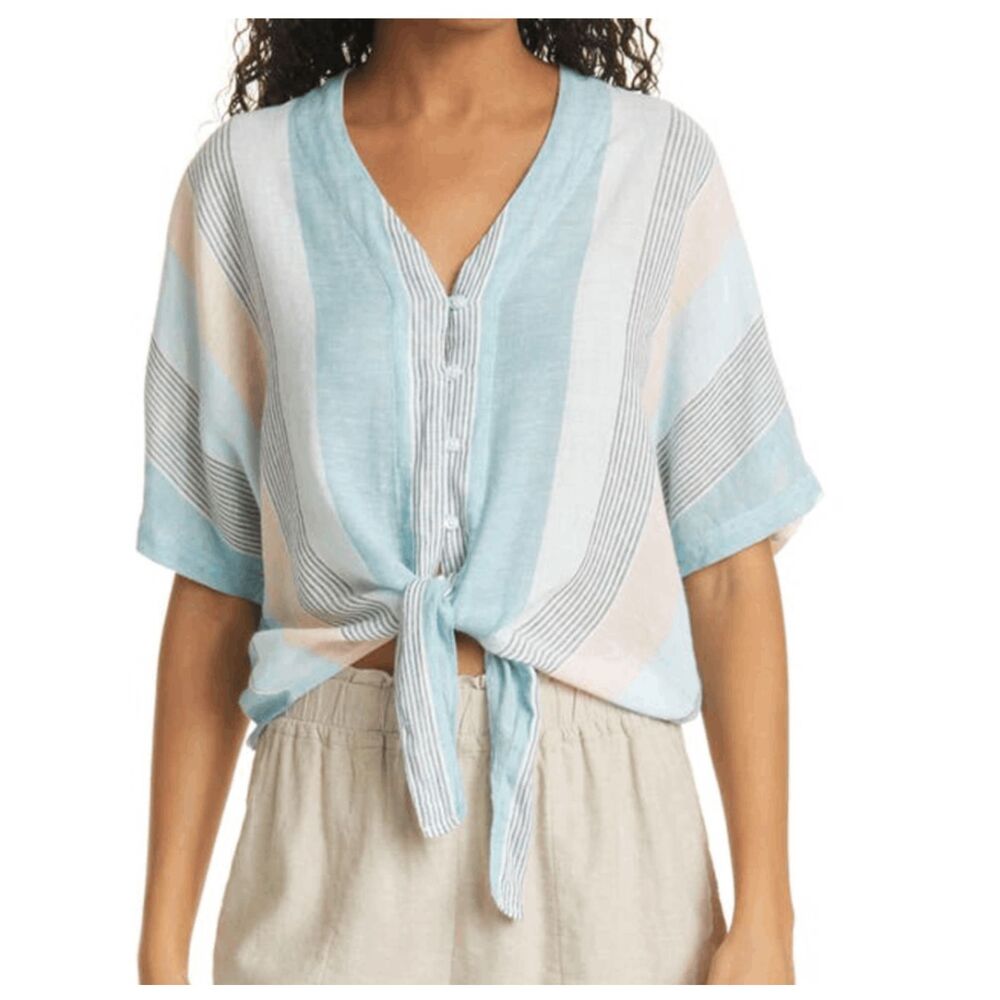 Rails Blouse Womens Large Blue Pink Striped Thea Tie Front Linen Blend Beachy